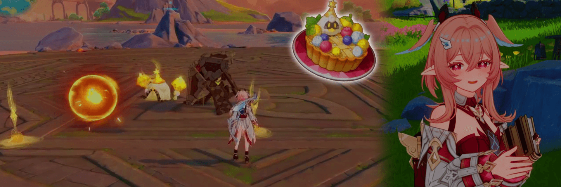 Version 6.5 beta leaks showcase Linnea’s specialty dish Iridescence Under the Tree's Shade, newly discovered in game assets, alongside Elemental Skill gameplay footage and visual indicators.